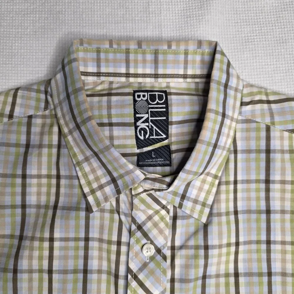 Billabong Men’s M White Olive Green Brown Blue Plaid Shirt SS Button Down